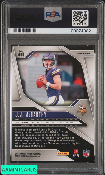 2024 PANINI PRIZM JJ MCCARTHY #400 SILVER PRIZM ROOKIE RC VIKINGS PSA 10 GEM MT 109074982